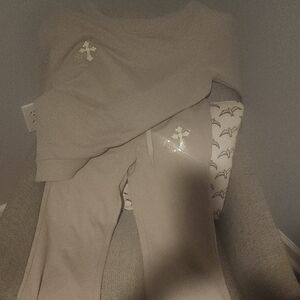 Chrome Hearts Tan & Cream Joggers And Off The Shoulders Top!